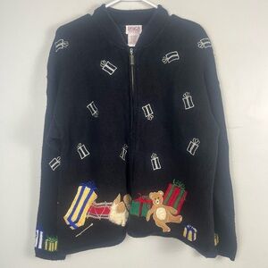 Vintage PBJ Sports Black Zip Up Jacket with Santa and Christmas Presents size XL
